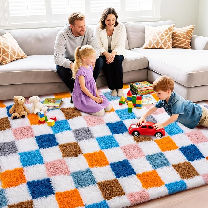 Checkered Rug for Living Room 8x10, Ultra Fluffy Fuzzy Shag Large Area Rug for Bedroom, Modern Plush Soft Upgrade Non-Slip Carpet for Kids Girls and Boys Room Dorm Home Decor, Colorful