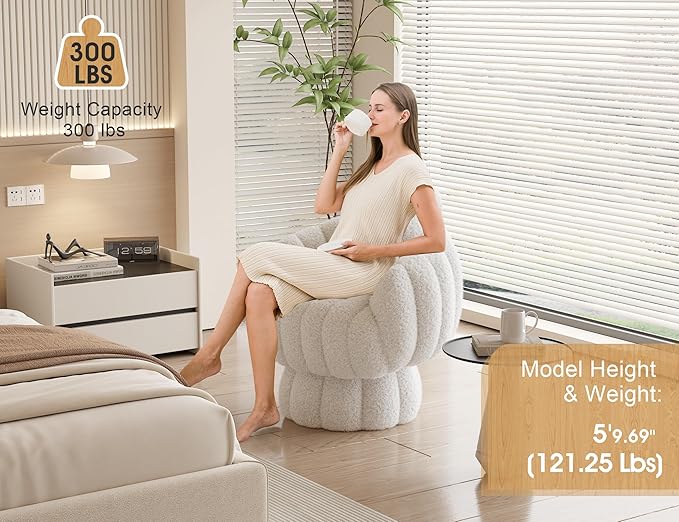 Mid Century Modern 360 Degree Barrel Swivel Accent Sofa Chair,Fluffy Sherpa Fabric Lounge Wide Upholstered Pumpkin Reading Chair, Round Cloud Armchair for Living Room,Bedroom,Vanity(Beige)