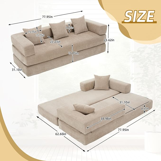 Convertible Floor Sofa Bed with Storage Pocket, Chenille Folding Mattress Sofa with Zipper Closure, Floor Lounge Couch for Living Room, Bedroom, Studio-Khaki