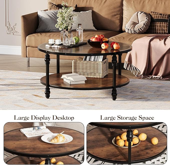 Round Coffee Table, Living Room Center Table with Storage Shelf, Rustic Wood Circle Coffee Table with Sturdy Metal Legs, 2-Tier Vintage Furniture for Living Room, Easy Assembly Accent Cocktail Table