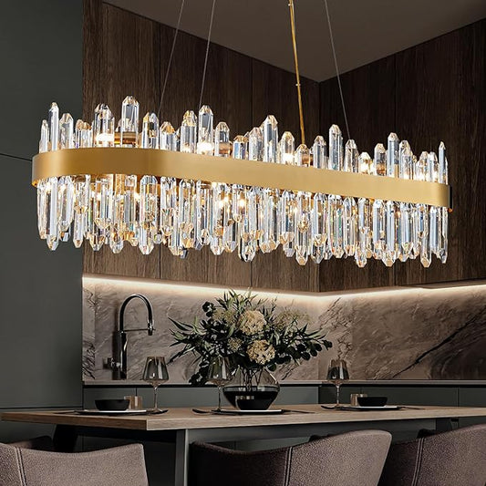 Modern Crystal Chandelier, 20-Lights Rectangle Gold Raindrop Chandelier Luxury Oval Pendant Ceiling Light Fixture for Living Room Dining Room Kitchen Island L35.4''