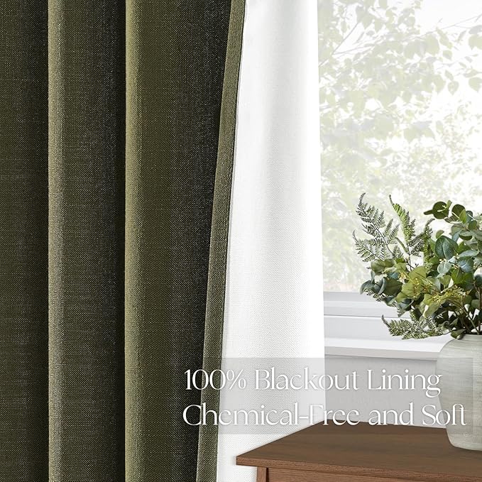 Topfinel Olive Green 102 Inches Long Custom Blackout Linen Curtains, Pinch Pleated Noise Cancelling Curtains with Pin Hooks for Traverse Rods, Viral Drapes 2 Panels for Living Room Master Bedroom
