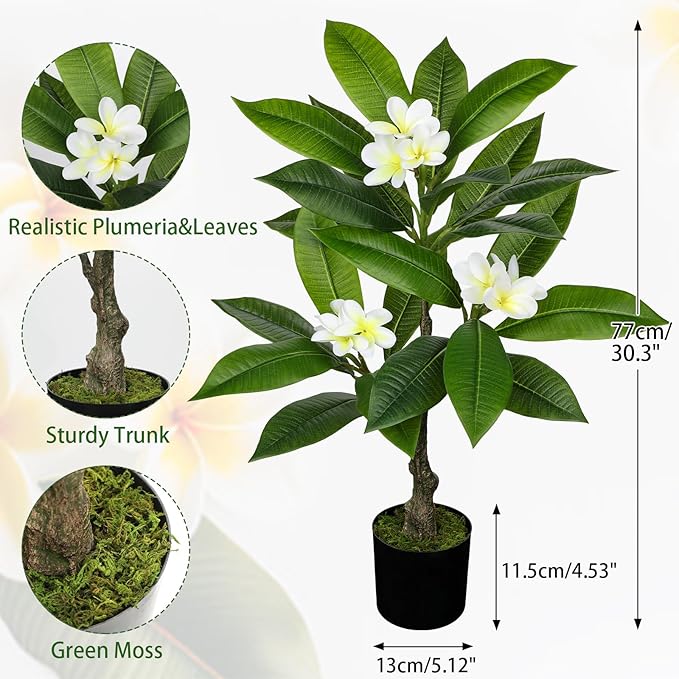 Briful Artificial Plants Indoor 26.77'' Fake Tropical Plumeria Flowers Tree Plants in Black Pot Hawaiian White Plumeria Rubra Faux Frangipani Tree Floor Plant for Home Office Wedding Decor