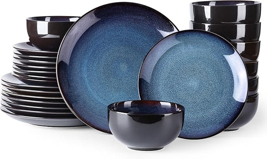 LERATIO Ceramic Dinnerware Sets for 8,Stoneware Plates and Bowls Sets,Handmade Reactive Glaze Dishes Set,Chip Resistant and Scratch Resistant | Oven&Dishwasher & Microwave Safe-Blue(24PCS)