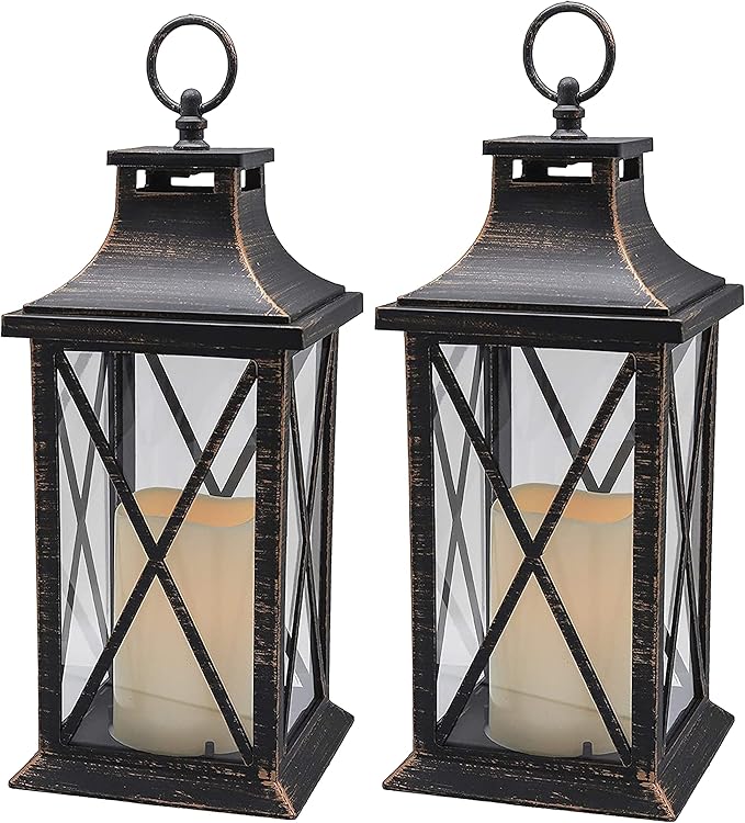 YAKii 14" Decorative Candle Lantern LED Flameless Candle Timer, Plastic LED Candle & Holder, Indoor & Outdoor Hanging Lights,Christmas Day Decoration (Antique Copper Brushed 2 PCS)