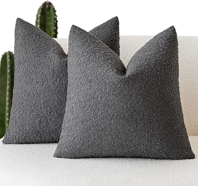Foindtower Pack of 2 Textured Boucle Throw Pillow Covers Accent Solid Decorative Pillow Cases Cozy Woven Couch Cushion Case for Sofa Bedroom Living Room Home Decor, 18 x 18 Inch,Dark Grey