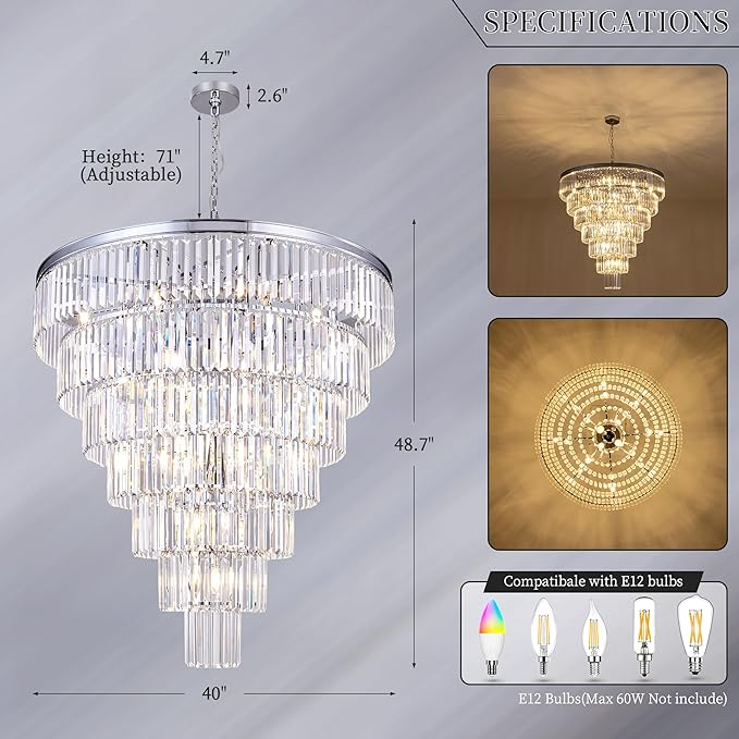 TOCHIC Large Crystal Chandelier for High Ceiling, 40-inch 7-Tier Modern Chrome Crystal Chandeliers Lighting Fixture, Raindrop K9 Round Light for Entryway Staircase Foyer Living Bedroom Dining Room
