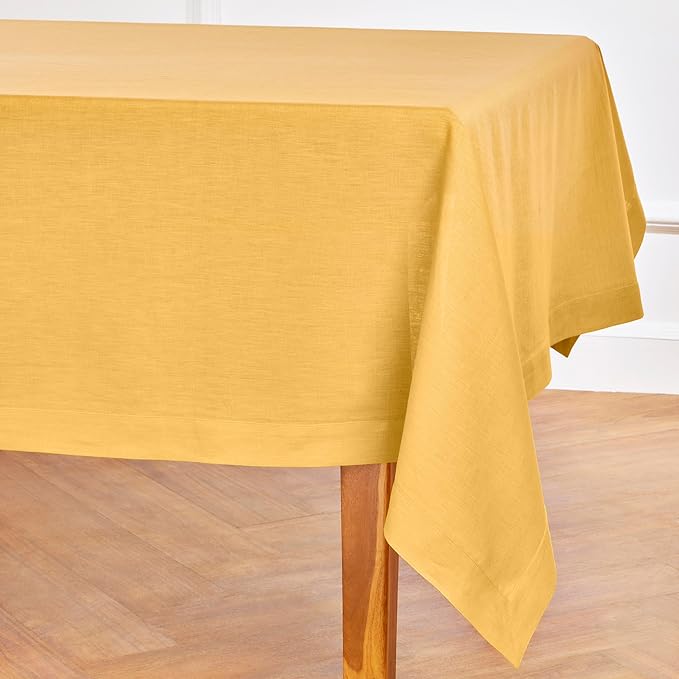 Solino Home Linen Tablecloth 60 x 90 Inch - 100% Pure Linen Mustard Yellow Table Cloth for Rectangle Tables - Fete, Machine Washable Tablecloth