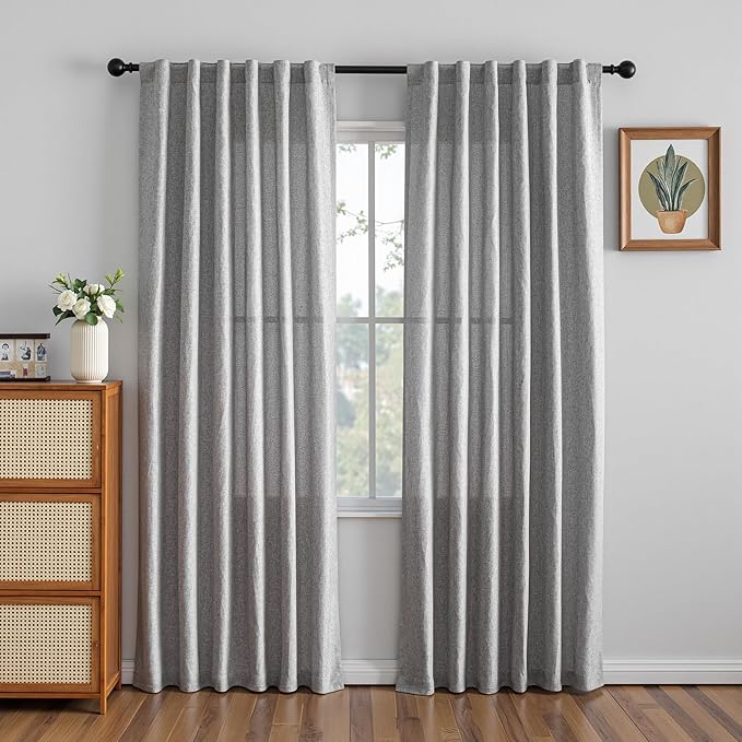 MYSKY HOME 90 Inches Long Living Room Curtains 2 Panels Boho Semi Sheers Light Filtering for Bedroom Windows, Linen Look Texture Soft Touch Country Back Tab, 50" Wide x 90" Long, Dove Grey, 2 Panels