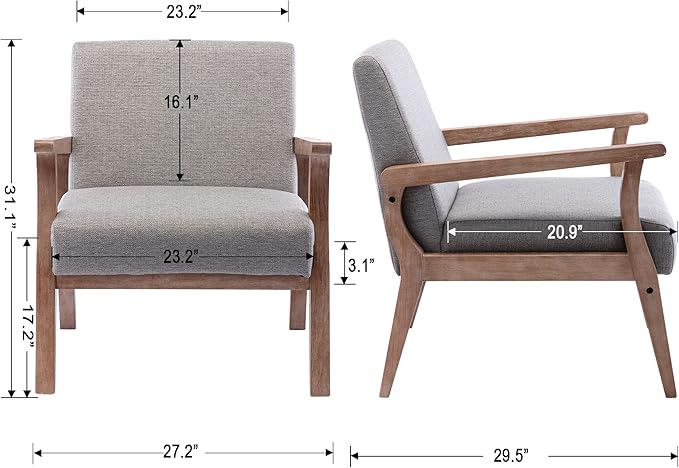 Mid Century Modern Accent Chair, Linen Upholstered Living Room Accent Armchair with Wood Frame, Farmhouse Chair for Living Room Bedroom, Gray