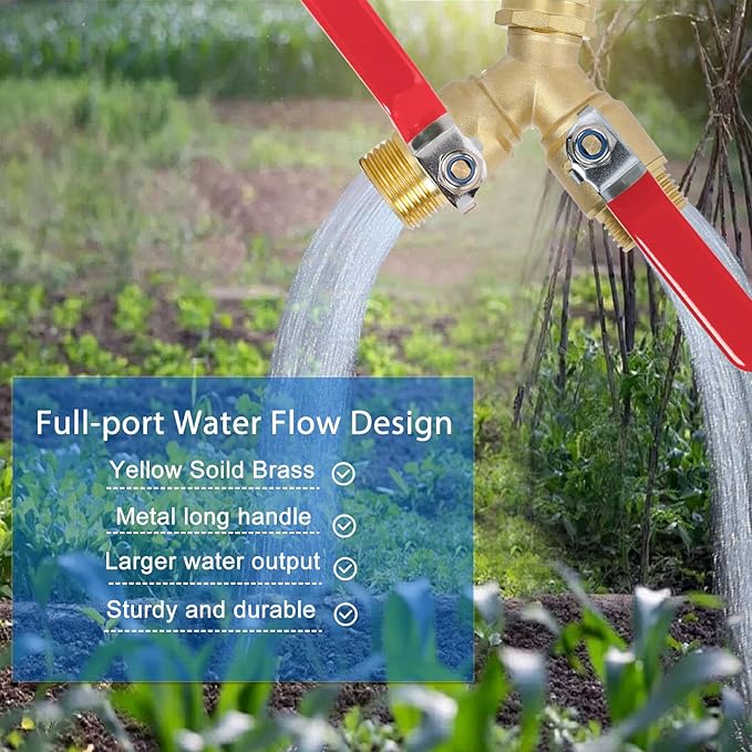 Garden Hose Splitter 2-Ways with Long Stainless Steel Handle, Full Flow Hose Splitter Connector Heavy Duty Brass, 3/4" GHT Thread Y Valve, Water Garden Hose Tap Adapter