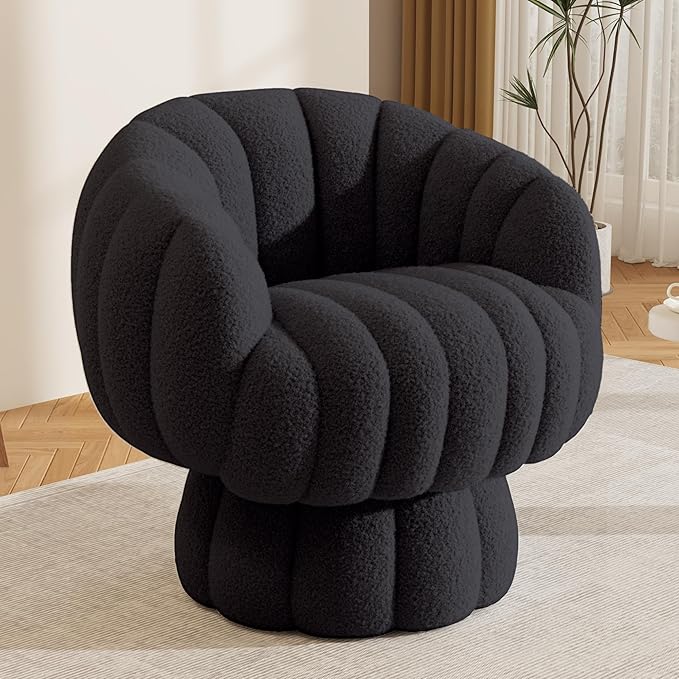 Mid Century Modern 360 Degree Barrel Swivel Accent Sofa Chair,Fluffy Sherpa Fabric Lounge Wide Upholstered Pumpkin Reading Chair, Round Cloud Armchair for Living Room,Bedroom,Vanity(Black)