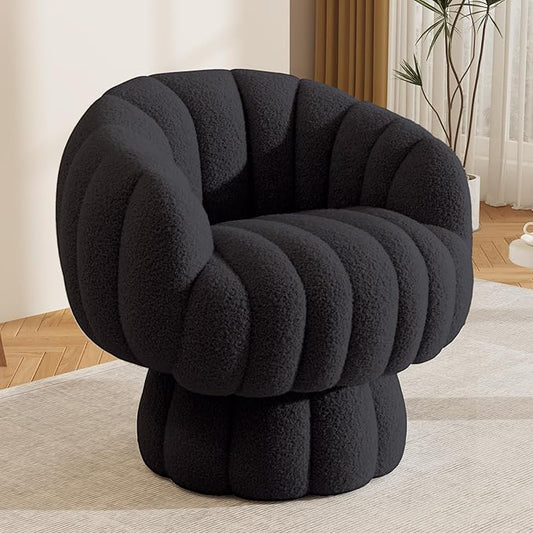 Mid Century Modern 360 Degree Barrel Swivel Accent Sofa Chair,Fluffy Sherpa Fabric Lounge Wide Upholstered Pumpkin Reading Chair, Round Cloud Armchair for Living Room,Bedroom,Vanity(Black)