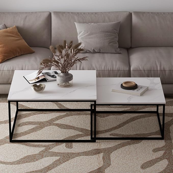 Nesting Coffee Table Set of 2,Outdoor Coffee Table,Industrial End Table Side Tables for Living Room Bedroom (White)