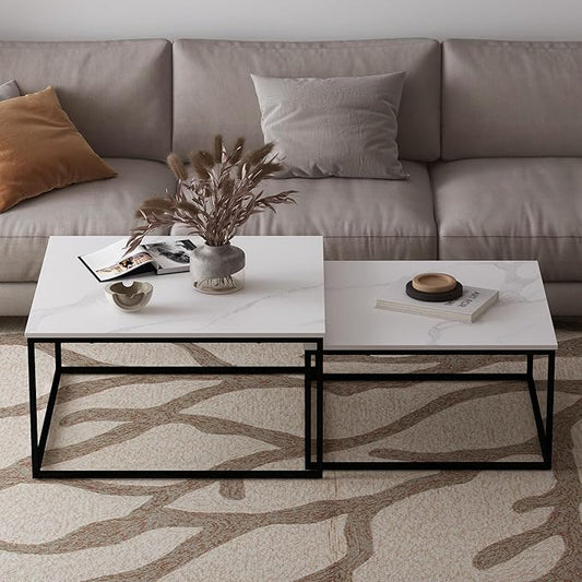 Nesting Coffee Table Set of 2,Outdoor Coffee Table,Industrial End Table Side Tables for Living Room Bedroom (White)