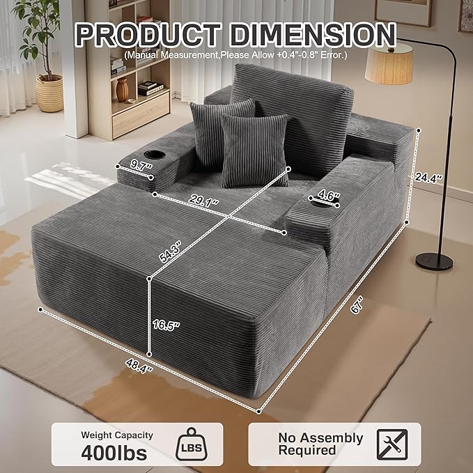 Chaise Lounge Chair Indoor, 67" Oversized Comfy Corduroy Sleeper Sofa Bed with Cup Holders and Wide Armrests, Boneless Upholstered Recliner Bed, Modern Cloud Couch for Living Room, Grey