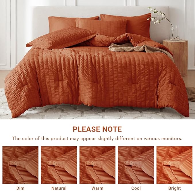 MUXHOMO 7 Pieces Queen Comforter Set, Seersucker Bed in a Bag Queen Size, All Season Luxury Bedding Set with Comforter, Flat Sheet, Fitted Sheet, Pillowcases & Shams, Burnt Orange