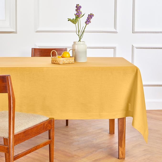 Solino Home Linen Tablecloth 52 x 52 Inch - 100% Pure Linen Mustard Yellow Square Tablecloth - Fete, Machine Washable Table Throw