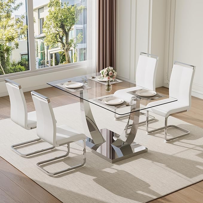 63” Glass Dining Table Set for 4,Modern Dining Room Table Set for 4, Kitchen Table and PU Leather Chairs, Dinner Table with Rectangle Tempered Glass Top and Chrome Silver Base