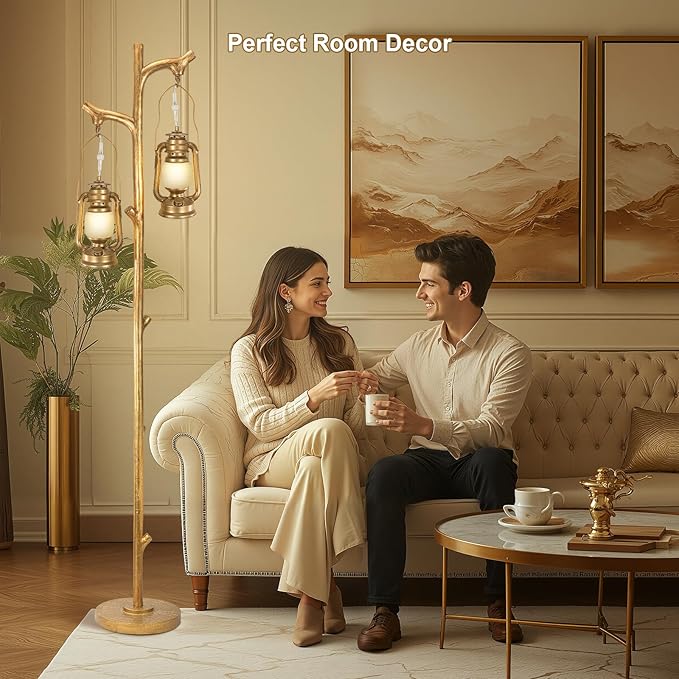 Scenekoy 68” Tall Floor Lamp with Lanterns, Gold Standing Lamp Tree Trunk Finish, Dimmable Resin Corner Lamp Stand Up Light with Bulb Prefer for Modern Living Room Bedroom Home Decor (Bulbs Included)