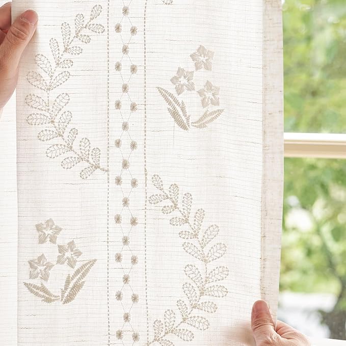 jinchan Belrose Linen Curtains for Bedroom Floral Curtains 84 Inch Length Linen Blend White Embroidered Drapes Farmhouse Flower Patterned Drapes for Living Room Window Treatments Set 2 Panels