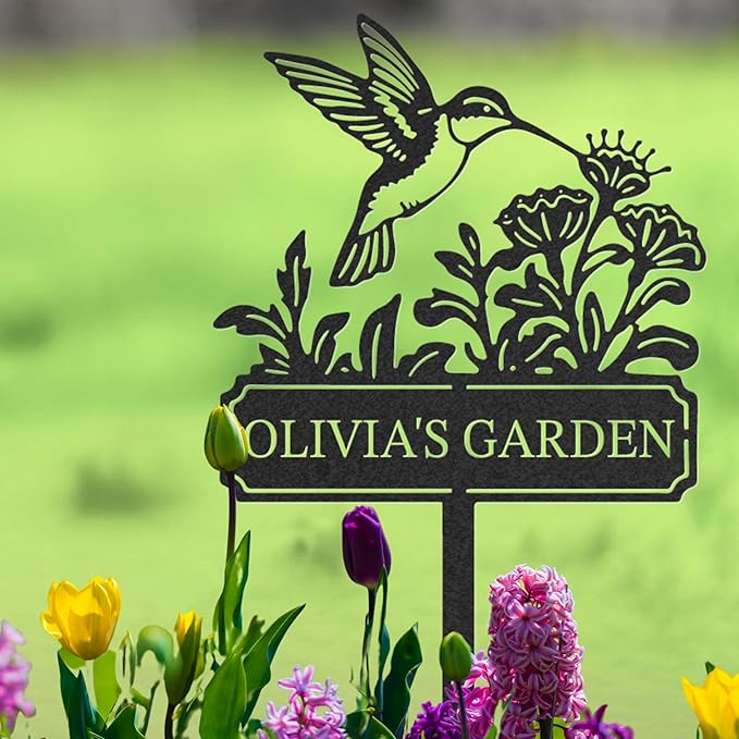Personalized Garden Metal Sign, Custom Garden Stake, Hummingbird Yard Stake, Customized Name Sign for Outdoor, Outdoor Gardening Decor Gifts for Gardeners