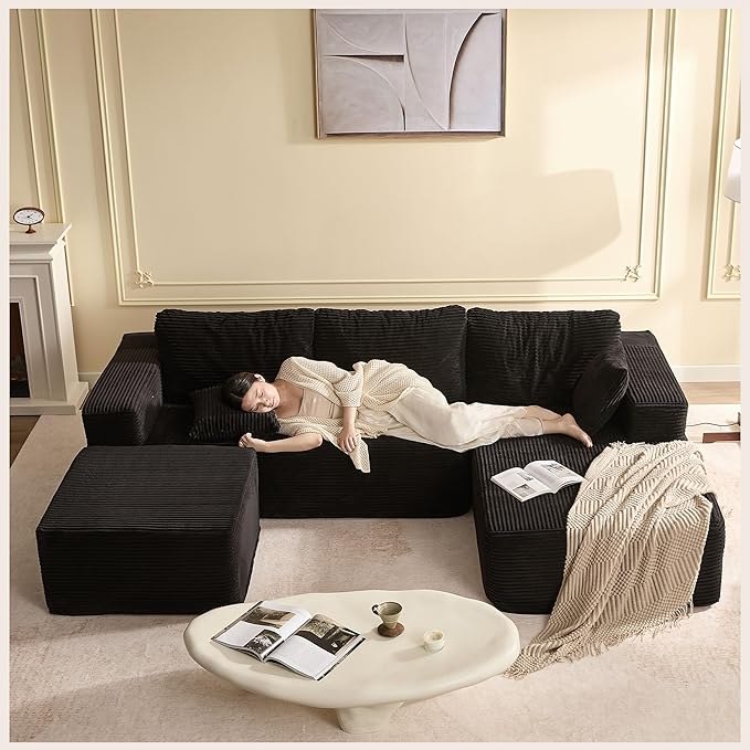107" Boneless Couch with Deep Seat, Modular Sectional Sofa, Cloud Sectional Couch for Living Room, No Assembly Required, Corduroy, U-Shape 3 Seater Right, Black