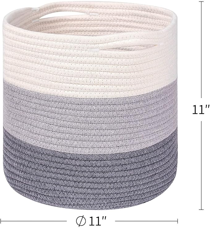 voten Woven Cotton Rope Round 11x11x11'' Storage Cubes Baskets Bins Organizer, 3-Tone Gray, 3-Pack