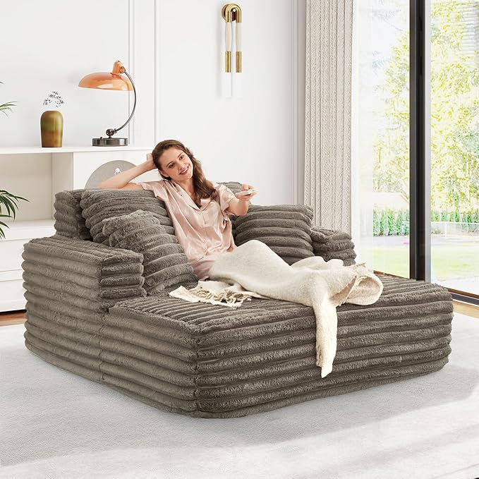 56"W Oversized Chaise Lounge Chair Indoor,Plush Faux Fur Sleeper Sofa Couch Bed with Pillows&Wide Armrest,Fluffy Comfy Cloud Sofa,Compression Foam Boneless Couch for Living Room,Bedroom(Brown)
