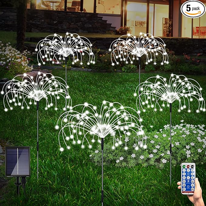 Solar Garden Lights Outdoor Fireworks - 5 Pack Decorative Solar Lamps with 8 Modes Remote for Lawn Backyard Patio Pathway (Cool White)