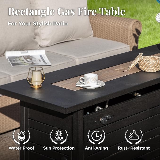 Patio Furniture Set 6 pcs, Wicker Outdoor Patio Furniture, 3-Seat Sofa, 4 Single Chairs and 56" Gas Fire Pit Table, Rattan Patio Conversation Set for Backyard Deck, Beige