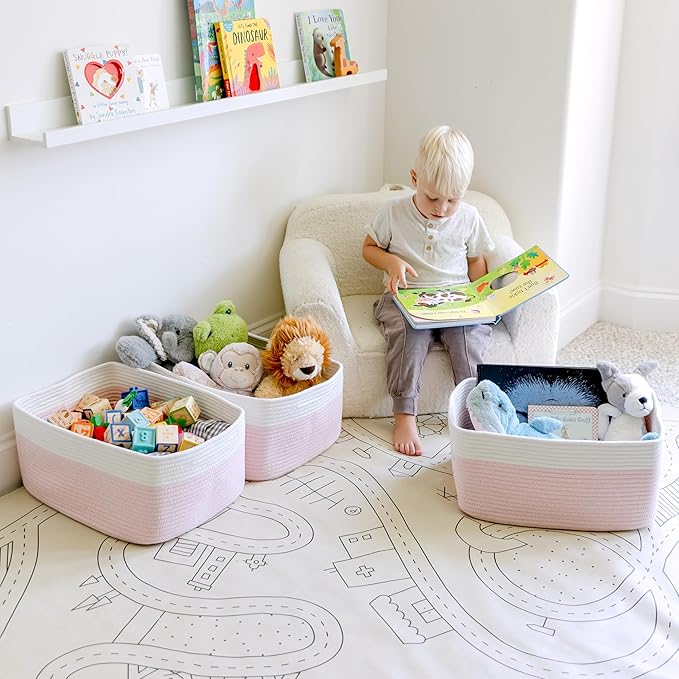 NaturalCozy Storage Baskets 16.8”x13”x7.6” Cotton Rope Woven Baskets for Organizing 3-Pack | Toy Storage Bins | Basket for Shelves, Laundry, Blanket, Clothes, Closet, Kitchen, Bathroom, Gifts