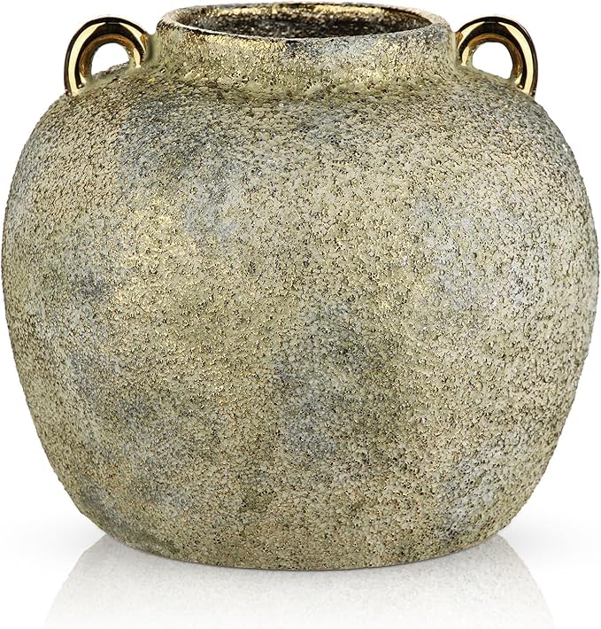 7.9" Vintage Farmhouse Vase, Rustic Ceramic Flower Vase with 2 Ears, Electroplated Terracotta Boho Vases Decor, Decorative Vases for Home Decor, Living Room, Mantel, Entryway, Wedding, Tabletop Decor