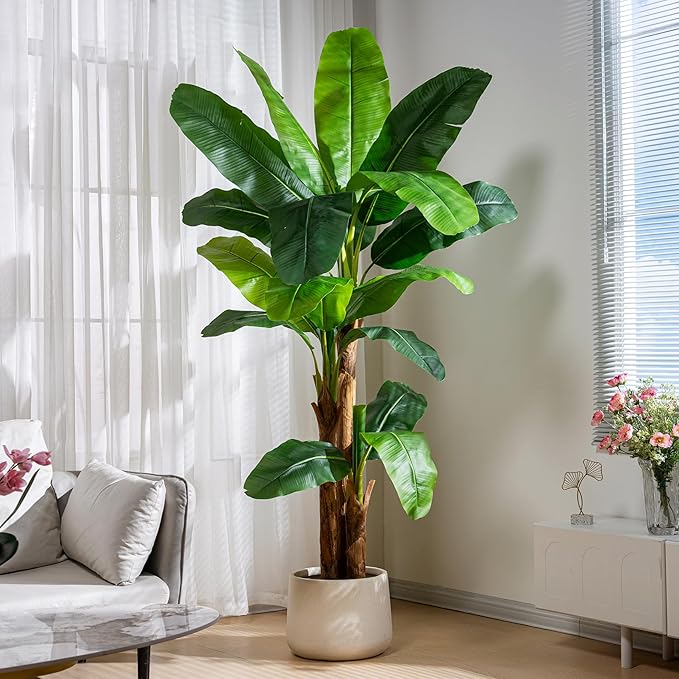 7.2FT Artificial Banana Tree Tall Fake Banana Leaf Plant Faux Banana Silk Tree Faux Banana Leaves for Home Swimming Pool Indoor Outdoor Patio Tropical Decor