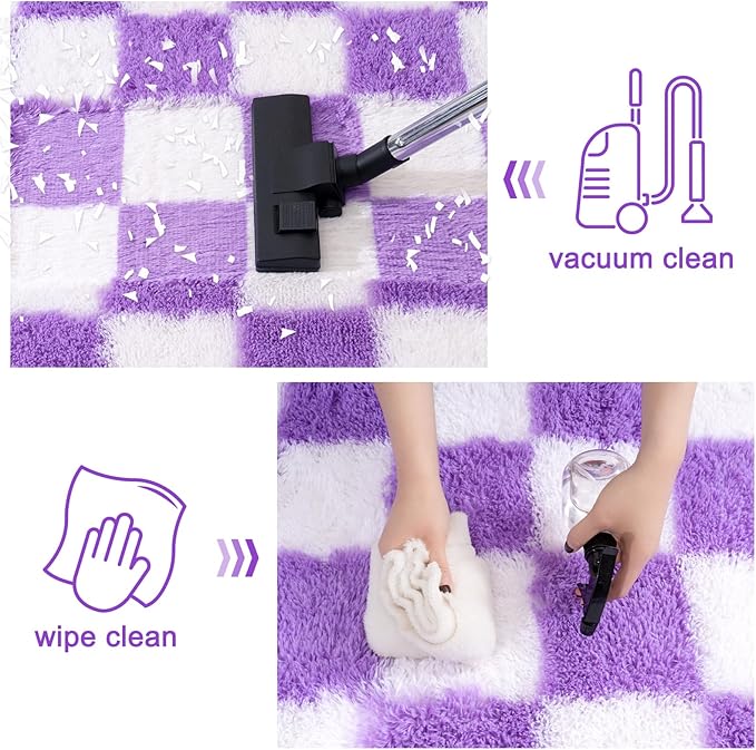 Checkered Rug for Living Room 6x9, Ultra Fluffy Fuzzy Shag Large Area Rug for Bedroom, Modern Plush Soft Upgrade Non-Slip Carpet for Kids Girls and Boys Room Dorm Home Decor, White and Purple