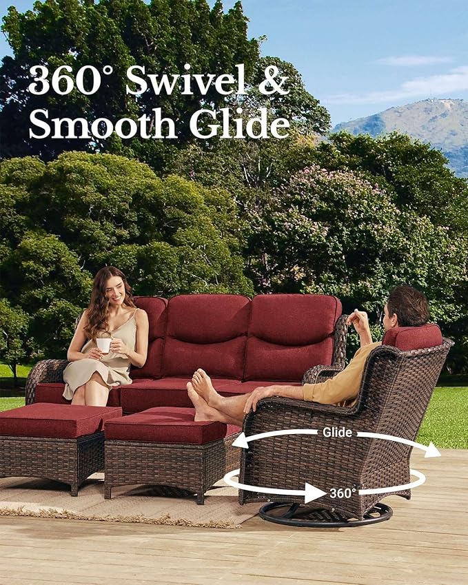 HILLGA Luxury Patio Furniture Set with 6-inch Thick Cushion, Outdoor Loveseat and High Back Swivel Rocker Patio Chairs, 6PCS Wicker Conversation Set for Deck Yard and Poolside, Burgundy (V2)