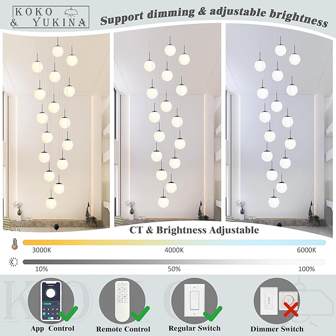 KoKo&Yukina 16-Light Black Mid Century Modern Chandelier for Living Room Staircase Chandelier for Entryway Globe Milky White Glass Pendant Light High Ceiling Chandeliers Foyer (Bulb & Remote Incl.)
