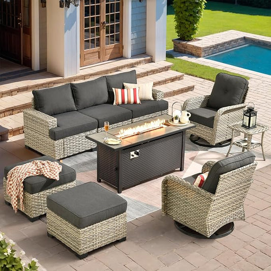 HOOOWOOO Outdoor Sectional Patio Furniture Set with Fire Pit Table,9 Pieces Wicker Conversation Sets,Extra Deep Out Door Sofa Outside Furniture Couch Swivel Chairs Ottoman,Black