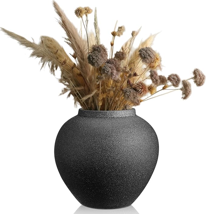 Black Ceramic Decorative Flower Vase 8.27" x 8.66" Textured Round Rustic Pottery Vintage Large Vase for Home Decor Centerpieces Living Room Christmas Decoration