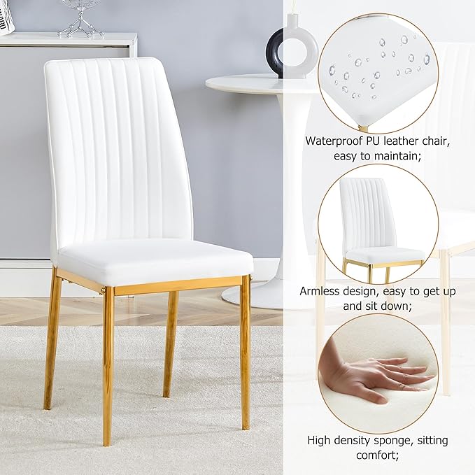 62" Marble Dining Room Table Set for 6 Rectangle Modern Dinner Table with Sintered Stone Top Golden Metal Legs Kitchen Table Chair Set for Dining Room (62" Golden+6White Chairs)