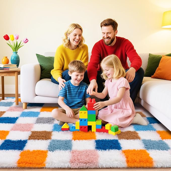 Checkered Rug for Living Room 6x9, Ultra Fluffy Fuzzy Shag Large Area Rug for Bedroom, Modern Plush Soft Upgrade Non-Slip Carpet for Kids Girls and Boys Room Dorm Home Decor, Colorful