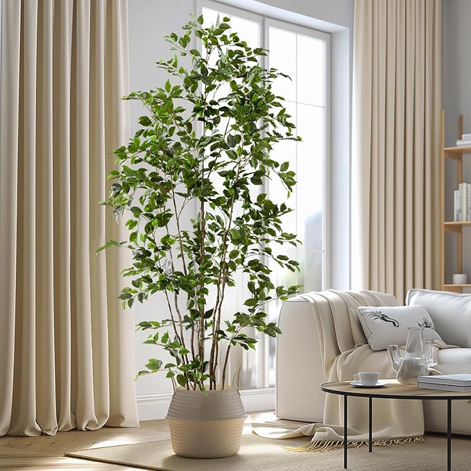 Artificial Ficus Tree Indoor 8ft, Large Potted Faux Tree with Realistic Silk Leaves & Trunk for Home Office, Living Room Corner Decor
