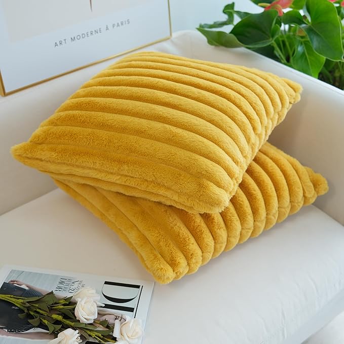 JOJUSIS Pack of 2 Faux Fur Plush Decorative Throw Pillow Covers Couch Cushion Case Soft Pillowcases (Mustard Yellow, 18 x 18-Inch)