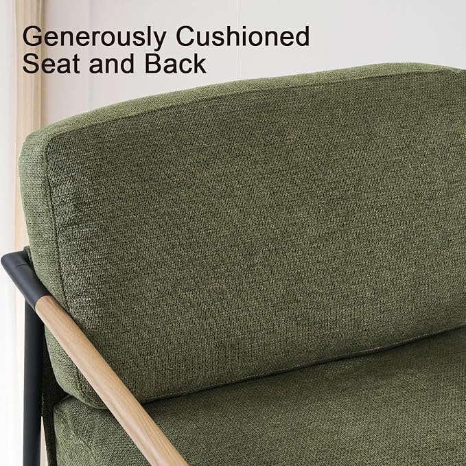 Accent Chair Mid Century Modern Armchair for Living Room,Bedroom,Office,Lounge Comfy Chenille Upholstered Soft Removable Washable Cushions and Pillows,Metal Wood-Grain Armrest Legs,Green