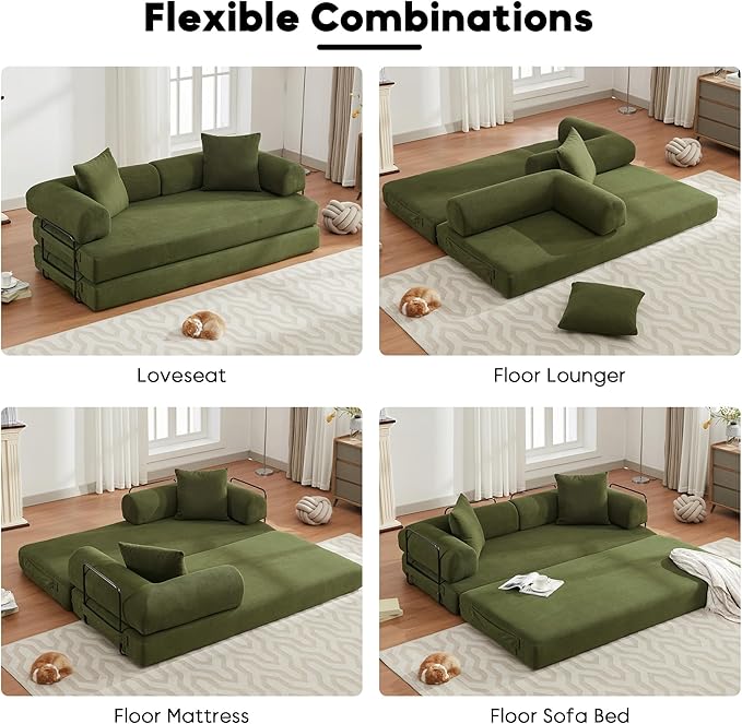 Convertible Sleeper Sofa Bed with Cylindrical Pillow, Corduroy Folding Mattress Couch with Fixed-Shape Frame, Floor Sofa Lounge Couch for Living Room Bedroom Lounge Studio-Green