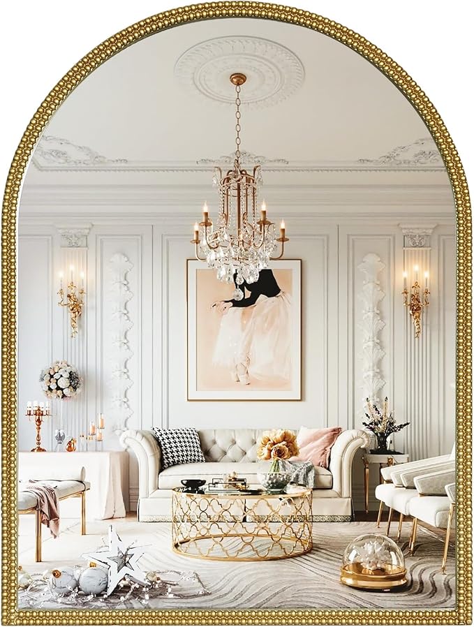 WallBeyond Gold Vintage Mirror for Vanity 24x32 Inch, Gold Antique Mirror with Ornate Beaded Frame for Bathroom, Living Room, Fireplace, Entryway