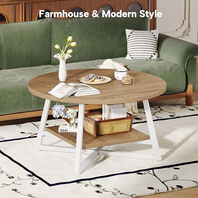 Coffee Table for Living Room, Round Coffee Table, Small Circle Coffee Table with Storage, Modern Wood Round Center Table for Home Office, Small Space, Easy Assembly, Light Coffee