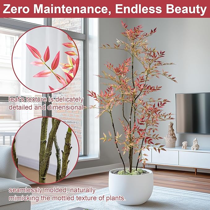 6ft Faux Bamboo Tree Artificial Nandina Tree Artificial Indoor Plants Realistic Fake Potted Tree with 800+ Leaves, Cement Planter - Home Office Decor Perfect for Housewarming Gift Non-Toxic