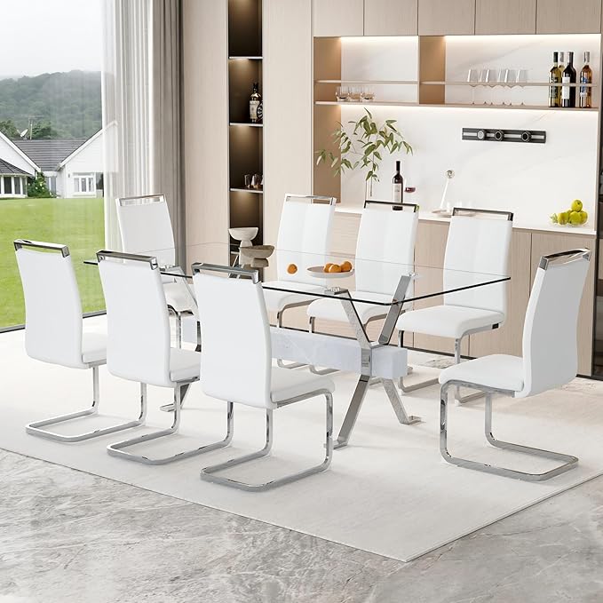 9 Piece Glass Dining Table Set, 79" Modern Dining Table Set for 8, 0.5" Thick Tempered Glass Tabletop with Silver Chrome Metal Legs and Grey Crossbar, 8 PU Chairs for Dining Room, Kitchen