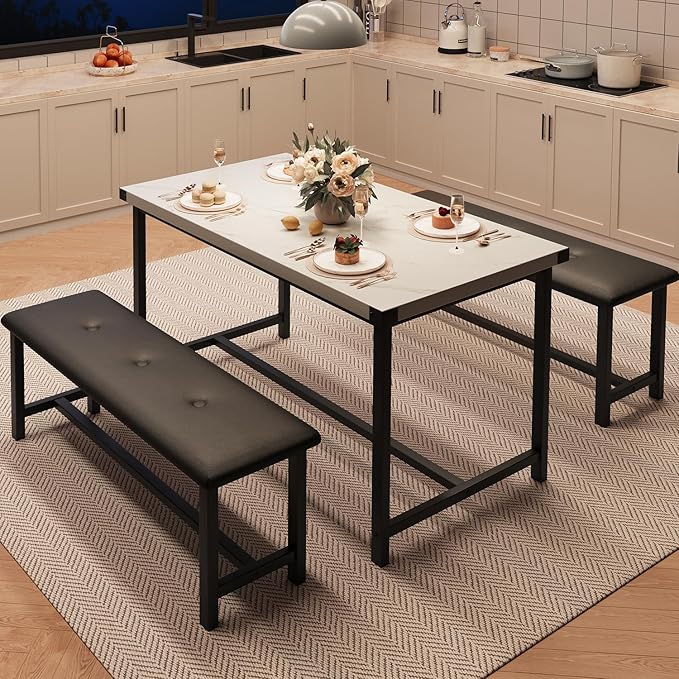 GarveeHome Dining Table Set for 4, Kitchen Table with 2 Upholstered Benches, Wood Kitchen Dining Room Set, for Small Space, Apartment, Home, Dinner, Marble White